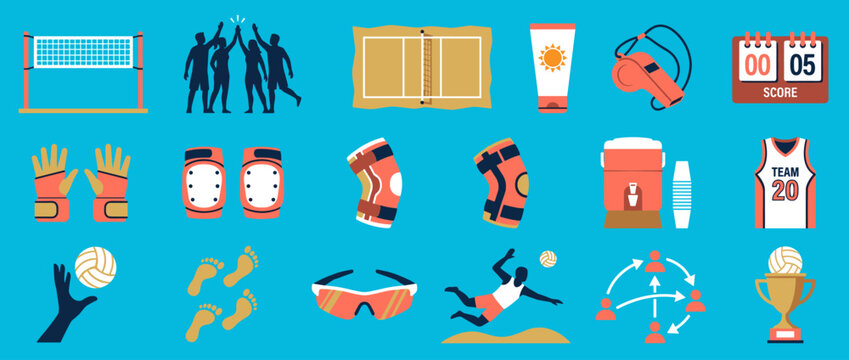 Comprehensive collection of beach volleyball equipment players and match elements