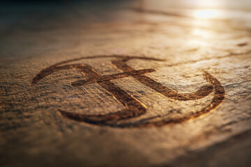 Fototapeta premium Sunlit close-up of a rustic anchor symbol carved into aged wood, highlighting texture and nautical design elements with warm natural lighting effects