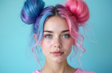 Fototapeta premium Young woman with bright pink and blue hair styled in two buns. She has blue eyes and light skin. Her face is looking forward. Hair is dyed in pastel colors with wavy strands.
