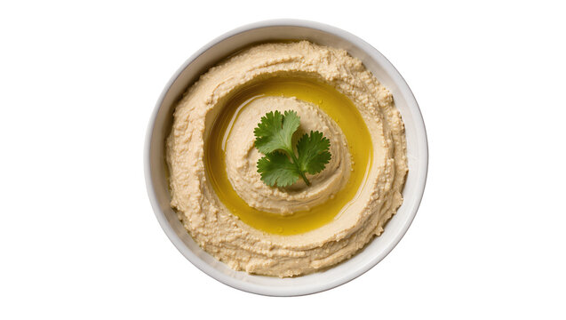 Isolated bowl of creamy hummus topped with olive oil and fresh cilantro garnish.
