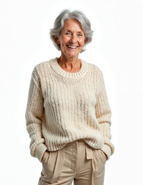 Smiling mature woman with white hair stands in a studio. She wears a cozy cream sweater and tan pants. Her confident pose and joyful expression suggest elegance and happiness in her life.