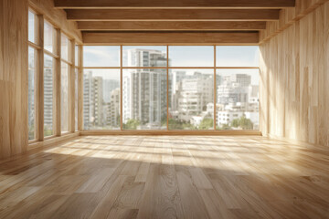 Fototapeta premium Spacious empty room with large floor-to-ceiling windows and natural wood paneling overlooking an urban cityscape on a bright sunny day