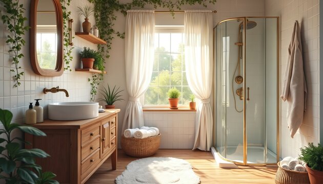 Bright airy bathroom with wooden vanity sink, gold shower enclosure. Green plants drape from shelves, walls, creating natural oasis. White towels, soft rug add comfort. Sunlight streams through