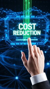 This shows a businessman engaging with a cutting-edge digital interface focused on cost reduction, set against a backdrop of advanced technology and data visualization elements.