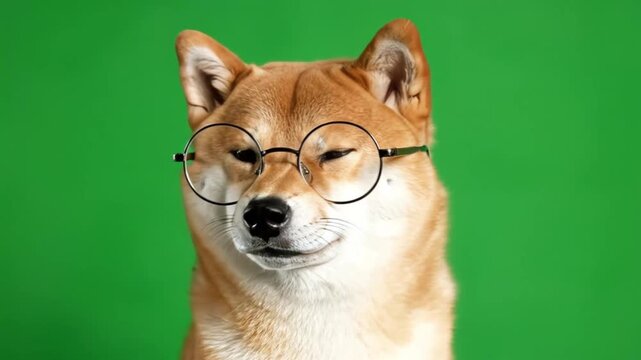 A cute Shiba Inu dog wearing round glasses with its eyes squinted against a vibrant green background.