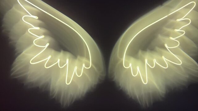 Glowing neon angel wings, camera pulls back, vertical video