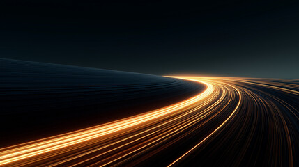 Fototapeta premium Energetic orange and yellow light trails creating a dynamic, winding pathway across a dark, abstract, futuristic background.