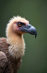 Fototapeta premium Close up profile portrait of vulture bird with sharp hooked beak, piercing orange eye. Light brown neck feathers, dark brown body plumage. Raptor looks intently forward against blurry green