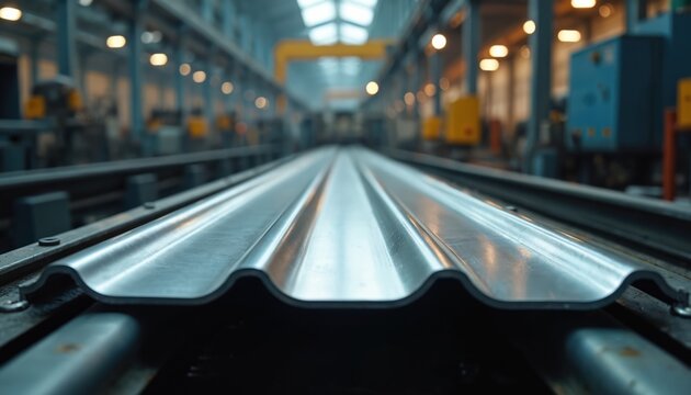 Metal sheets move on conveyor belt in factory. Industrial manufacturing line for roof tiles. Close up on steel profile for construction purposes. Automated production.