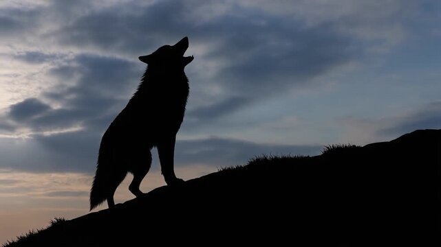 Silhouette of a wolf howling on a hill against a dramatic cloudy sky at twilight.