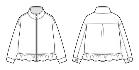 Ruffled Peplum Zip-Up Jacket Vector. Stand Collar Track Jacket Technical Fashion Flat © aiven studio