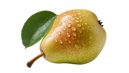 Isolated fresh ripe pear fruit with green leaf and refreshing water drops studio shot © Conor