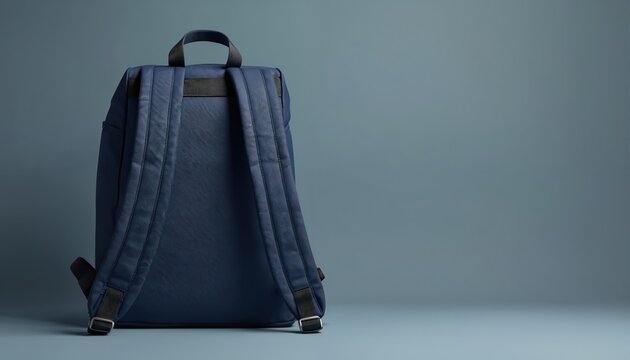 Classic navy blue backpack with padded shoulder straps displayed against plain teal background. Sturdy, simple bag suitable for school, travel, everyday use. Features clean design with adjustable