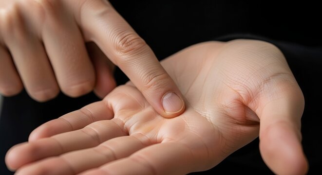 Finger Pressing Palm Acupressure Point Close Up Hand Reflexology Self Massage Dark Background