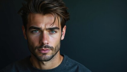 Obraz premium Man with stylish haircut and beard looks intently. He has blue eyes and light skin. Attractive male portrait with focus on face. Serious man poses for photo.