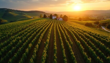 Naklejka premium Aerial view of Croatian vineyard at sunset. Rolling green hills under warm golden sun. Rural landscape with rows of grapevines and farmhouses.