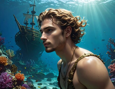 Young merman with flowing hair, coral, and ship