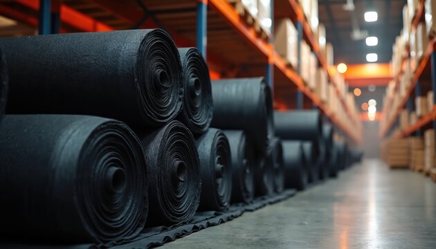 Black geotextile fabric rolls are stacked high in a warehouse. These construction materials are vital for erosion control, soil stabilization, and landscape drainage projects.