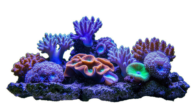 Isolated colorful tropical reef ecosystem with diverse vibrant corals on live rock