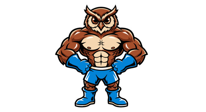 Muscular cartoon owl superhero character.