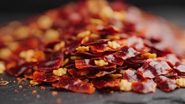 Closeup Macro Shot of Dried Red Chili Flakes Scattered on a Dark Surface.