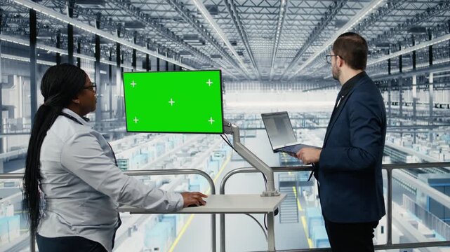 Green screen monitor, monitoring semiconductors and businesspeople in industry 4.0 factory with automated production lines. Reviewing analytics, mockup display and microchips plant team, camera A