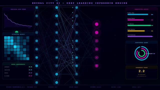 A sophisticated Smart City Dashboard displaying undulating neural network nodes and shimmering data matrices that pulse rhythmically to simulate complex deep learning inference in real time