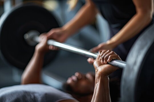 A focused weightlifter intensely performs a bench press with a spotter providing assistance.