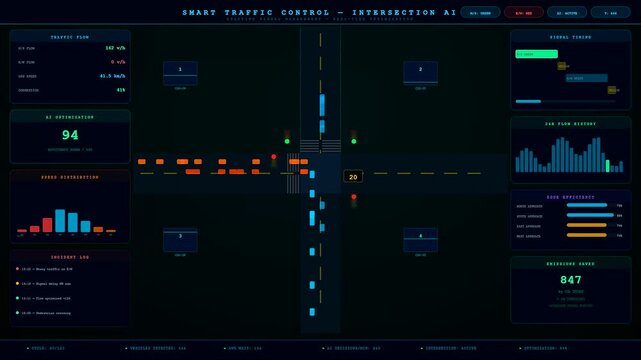 A sophisticated Smart City Dashboard monitoring real time traffic flow through an AI powered intersection to optimize urban mobility and reduce carbon emissions efficiently