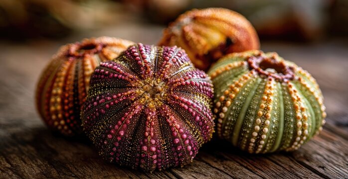 A close-up photograph showcases several vibrant sea urchins resting on a weathered wooden surface, highlighting their intricate textures and colorful spines.