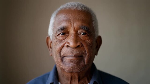 Close-up portrait of an elderly Black man with grey hair looking directly at the camera against a plain background.