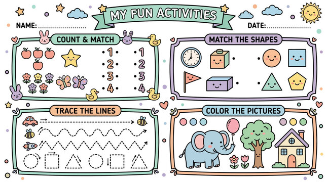 Mixed activity worksheet for preschool kids
