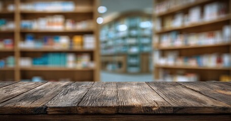 A rustic wooden tabletop is presented against a blurred backdrop of a well-stocked bookstore.