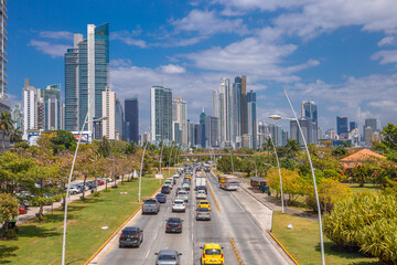 Obraz premium Modern skyscrapers and heavy traffic on Avenida Balboa in Panama City, Panama
