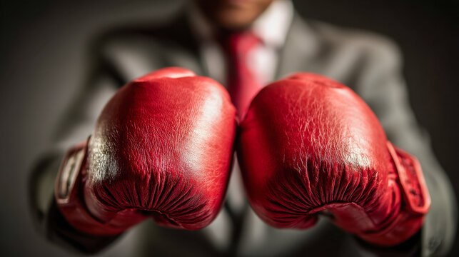 Businessman wearing red gloves in a fighting stance symbolizing power, determination, and readiness for corporate challenges and success strategies