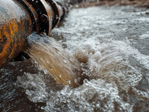 Rusted industrial pipe discharging turbulent water into a murky flowing stream with splashes and bubbles in close-up environmental pollution scene