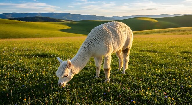 White alpaca grazing in a green meadow under a bright sunlight