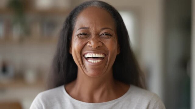 Close-up portrait of a joyful mature African American woman laughing heartily and looking at the camera.