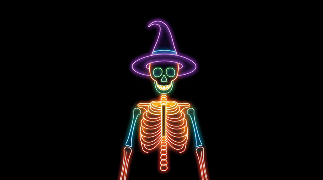 Neon illustration of a skeleton wearing a witch hat, glowing in vibrant colors against a black background, ideal for Halloween-themed designs and decorations