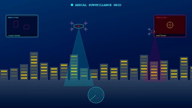 A futuristic Smart City Dashboard monitors an urban landscape as autonomous drones patrol the dark streets using sweeping spotlights to track unidentified targets in real time
