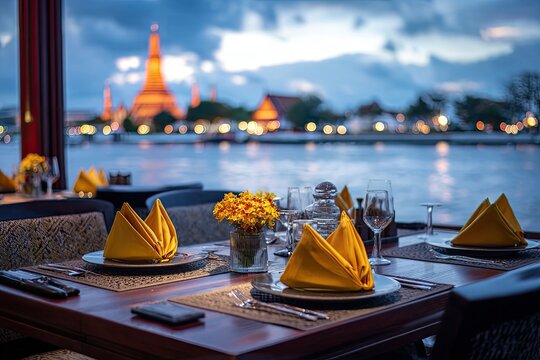 An elegantly set dining table overlooks a stunning riverside view of a temple in Thailand.