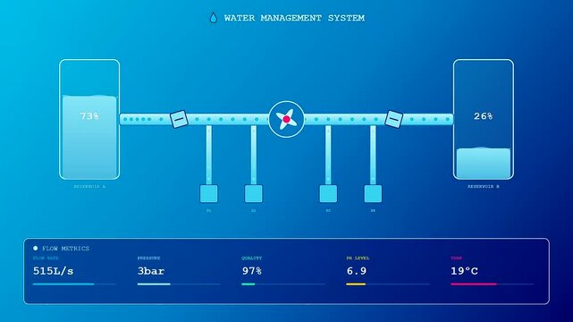 A high tech Smart City Dashboard showing real time fluid dynamics and water distribution metrics flowing through an intricate network of digital pipes and sensors