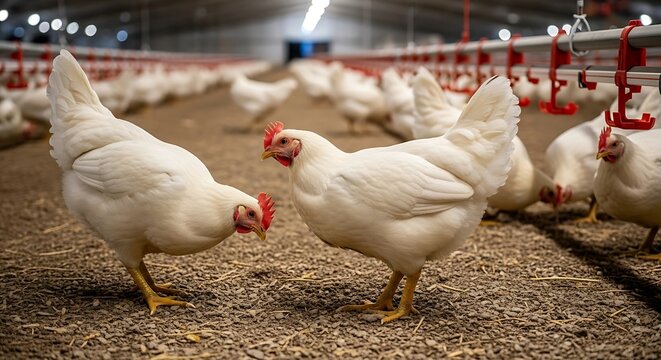 White chickens in a large indoor poultry farm environment