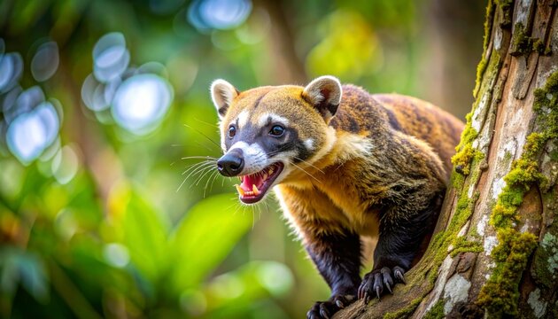 Coati in a Tree - A Detailed Portrait of a Wild Animal.