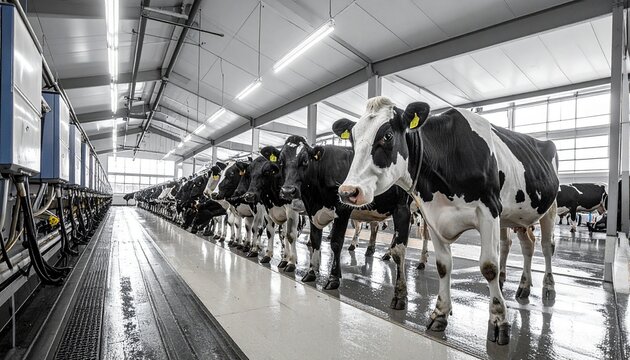 Cows are standing in a row on a wet floor inside a large barn with metal beams and fluorescent lights overhead.
