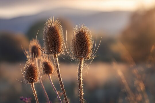 Golden light illuminates a cluster of dried teasel plants against a blurred natural backdrop.