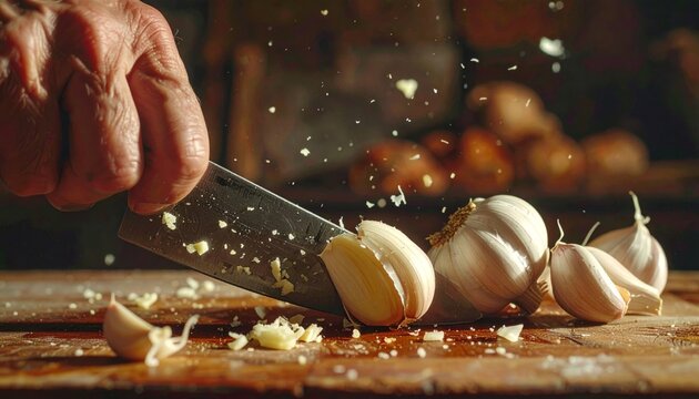 Chopping Garlic Cloves on a Wooden Cutting Board.