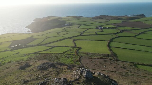 4K Aerial Rising Shot Over the Mountain Showcasing the Countryside Fields, North Wales, Pembrokeshire, UK