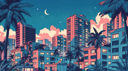 Naklejka premium 1980sシティポップの世界観を感じるレトロな都市風景とビル群が広がる夜景イラストで、ノスタルジックな空気と都会の魅力を表現した背景素材
