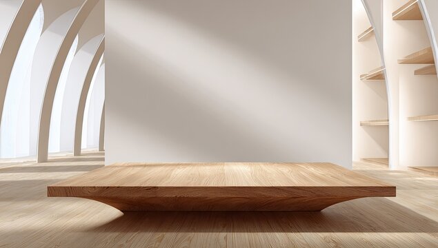 A modern interior showcases a uniquely shaped wooden platform nestled within an architectural space defined by curved arches and a minimalist staircase.